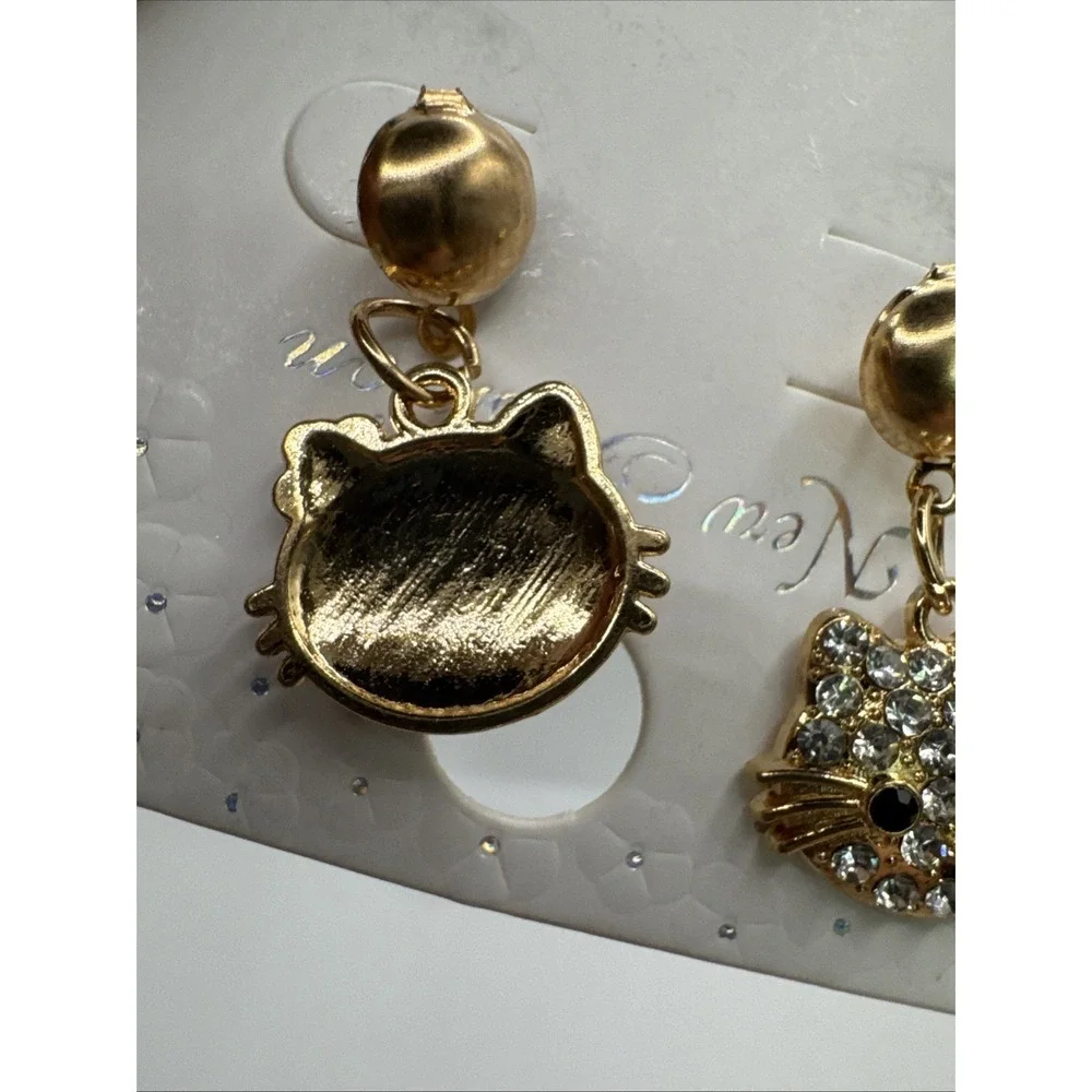 HELLO‎ KITTY Gold-Tone Rhinestone Dangle Earrings NEW
